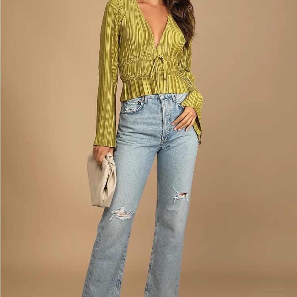 Lulus Staying Optimistic Chartreuse Pleated Bell Sleeve Top - Picture 2 of 5